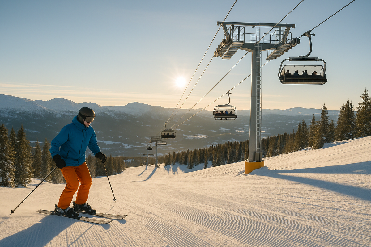 A skier descends the sunny slopes of Hemsedal alongside the new chairlift.