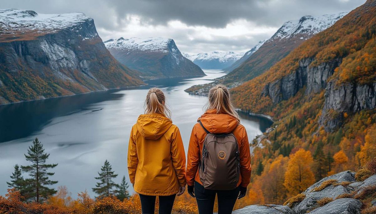 Two women in bright jackets hiking and admiring the autumn Norwegian fjord with golden foliage and mountains.