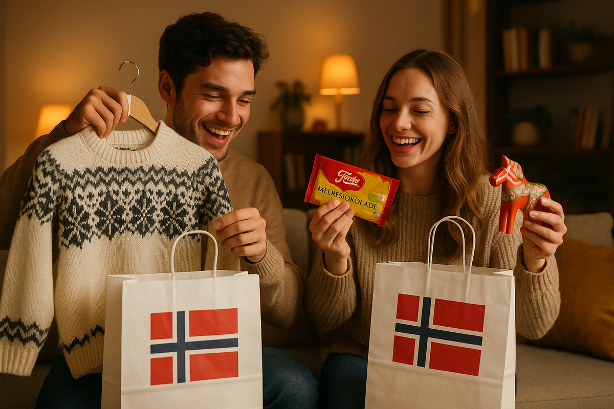 A young couple unpacking Norwegian shopping bags with sweaters, chocolates, and souvenirs.
