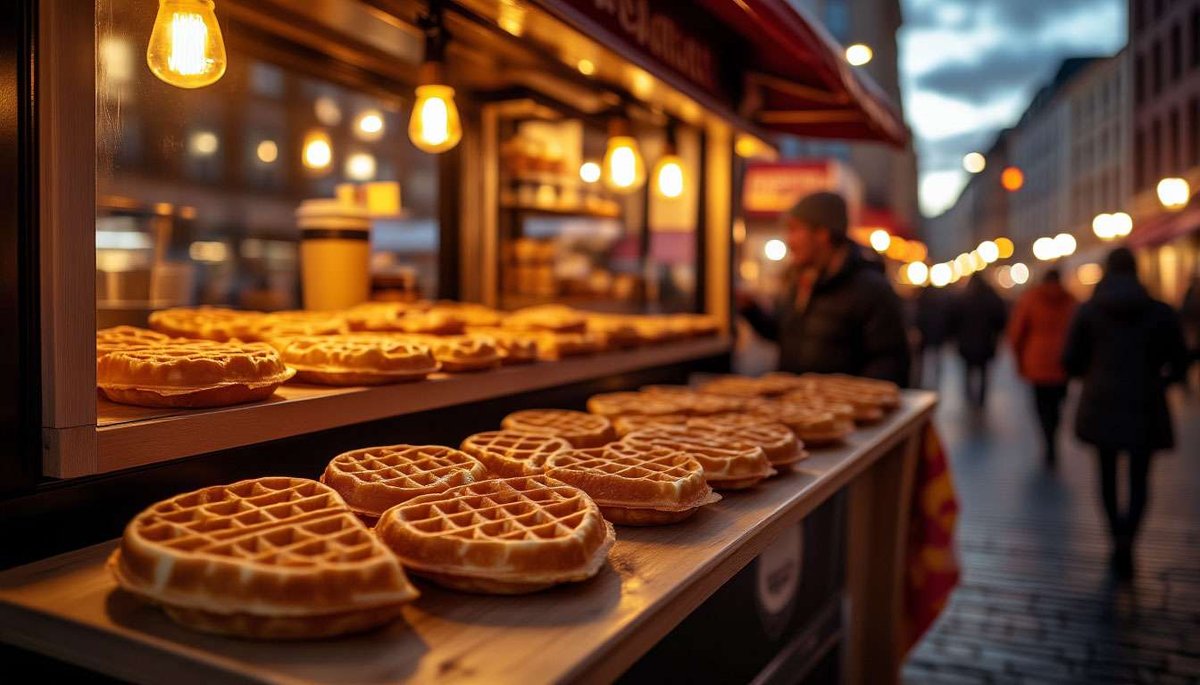 Heart-shaped waffles oozing brunost sweet-salt bliss at Oslo’s Vaffelgutta truck—street dessert magic.