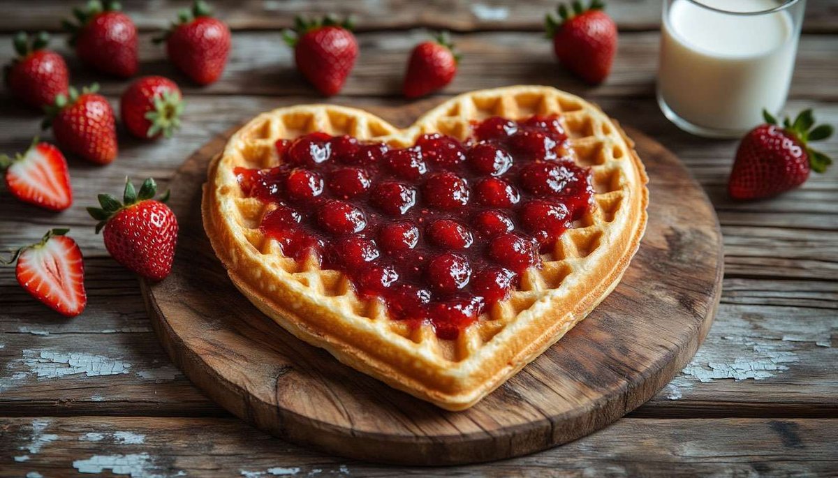 Heart-shaped vafler crowned with brunost and berry jam—Norway’s sweetest coffee-pause moment.
