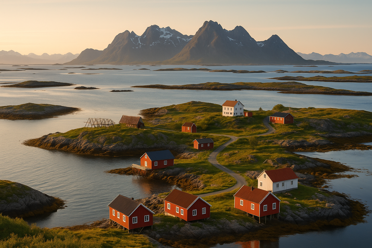 A village on the Vega Archipelago islands at sunset, with red houses and mountains in the background.