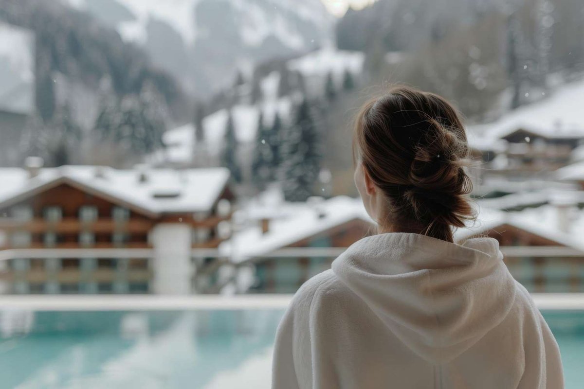 A woman in a bathrobe looks at snow-covered houses of a mountain resort.