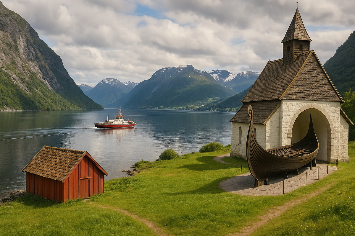A Viking ship monument and chapel stand by a fjord, as a ferry sails through the dramatic mountain landscape of Norway.