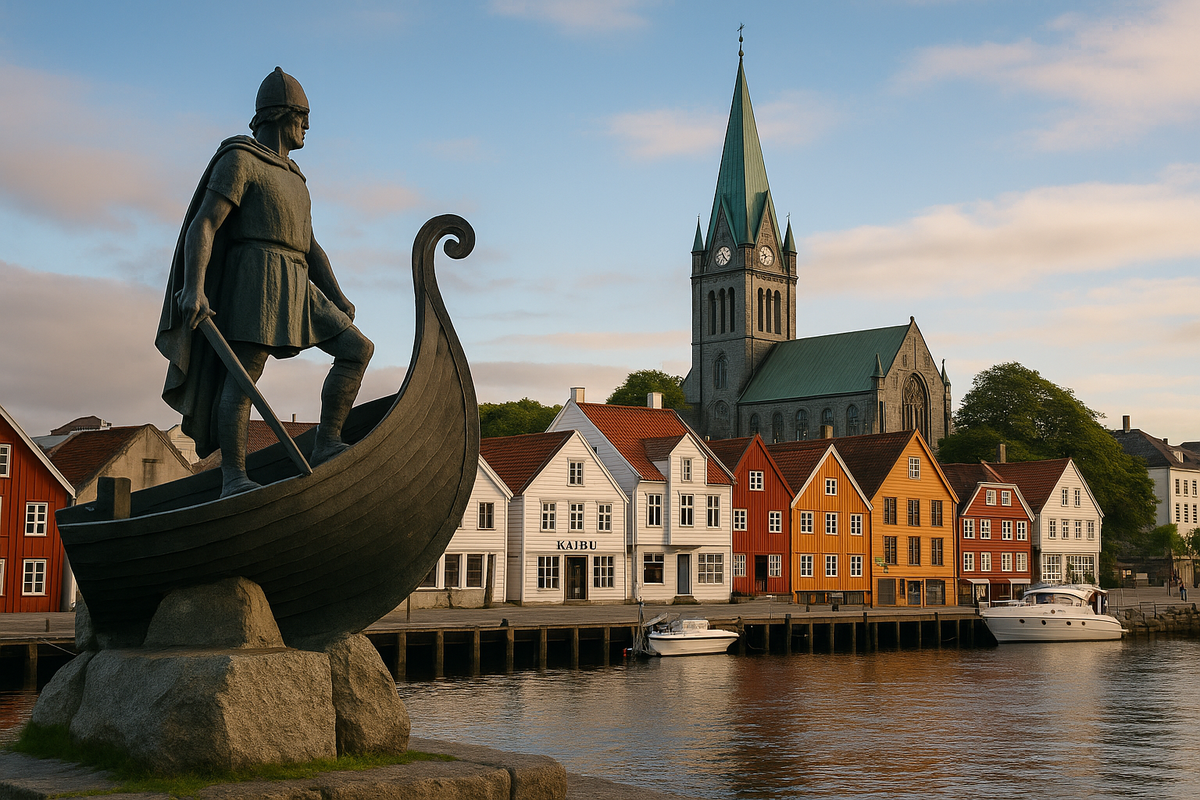 Viking statue by the Haugesund waterfront with colorful houses and a cathedral in the background.