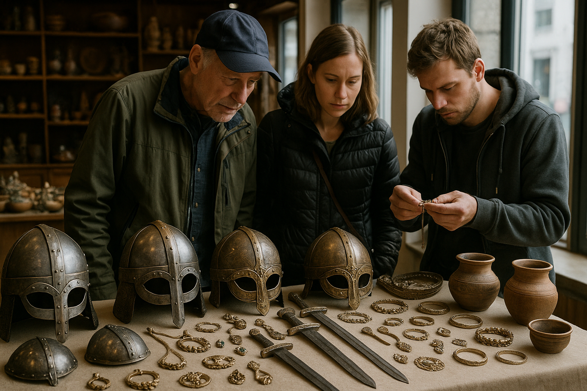 Display of Viking souvenirs being examined by visitors