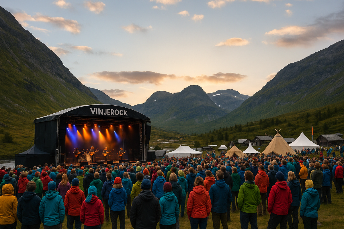 Vinjerock music festival in the mountains of Valdres, with a crowd gathered before a stage at sunset.