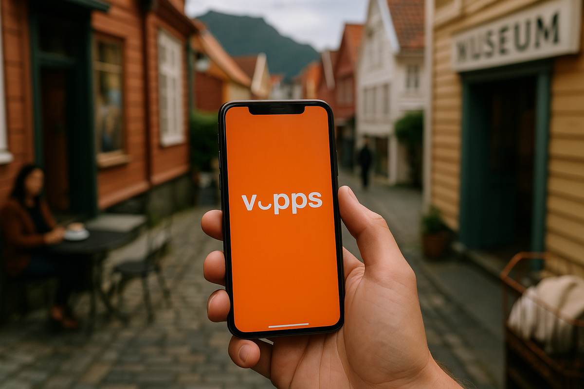 A hand holding a smartphone with Vipps app in front of traditional Norwegian wooden houses.