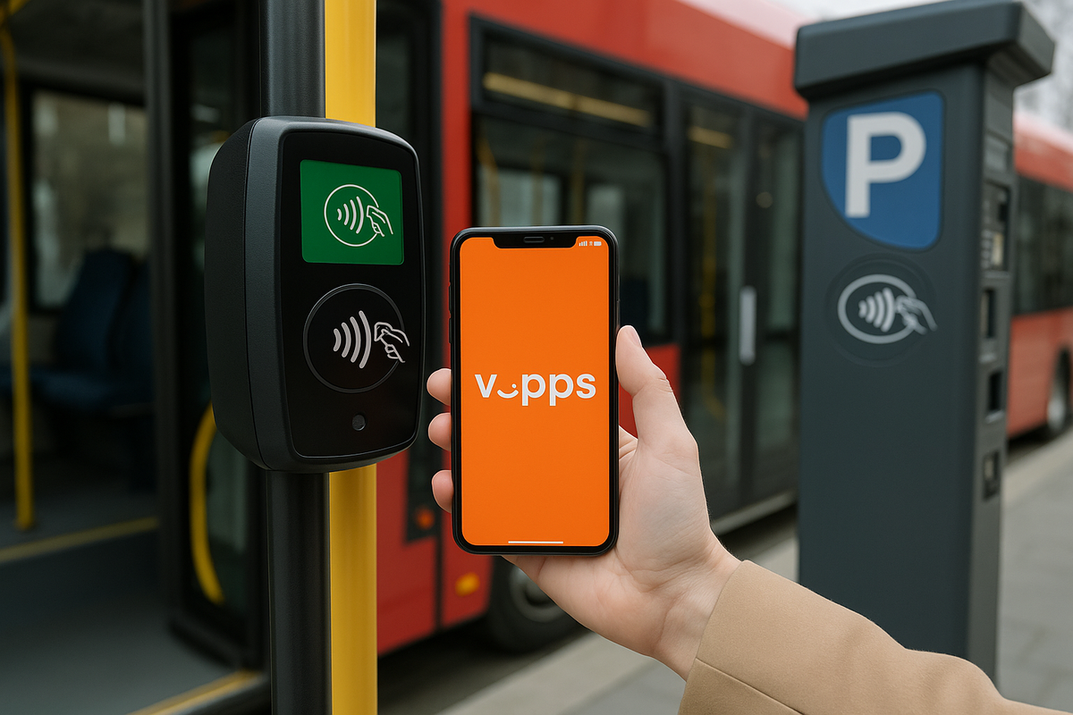 A traveler pays for a bus ride using Vipps on their smartphone.