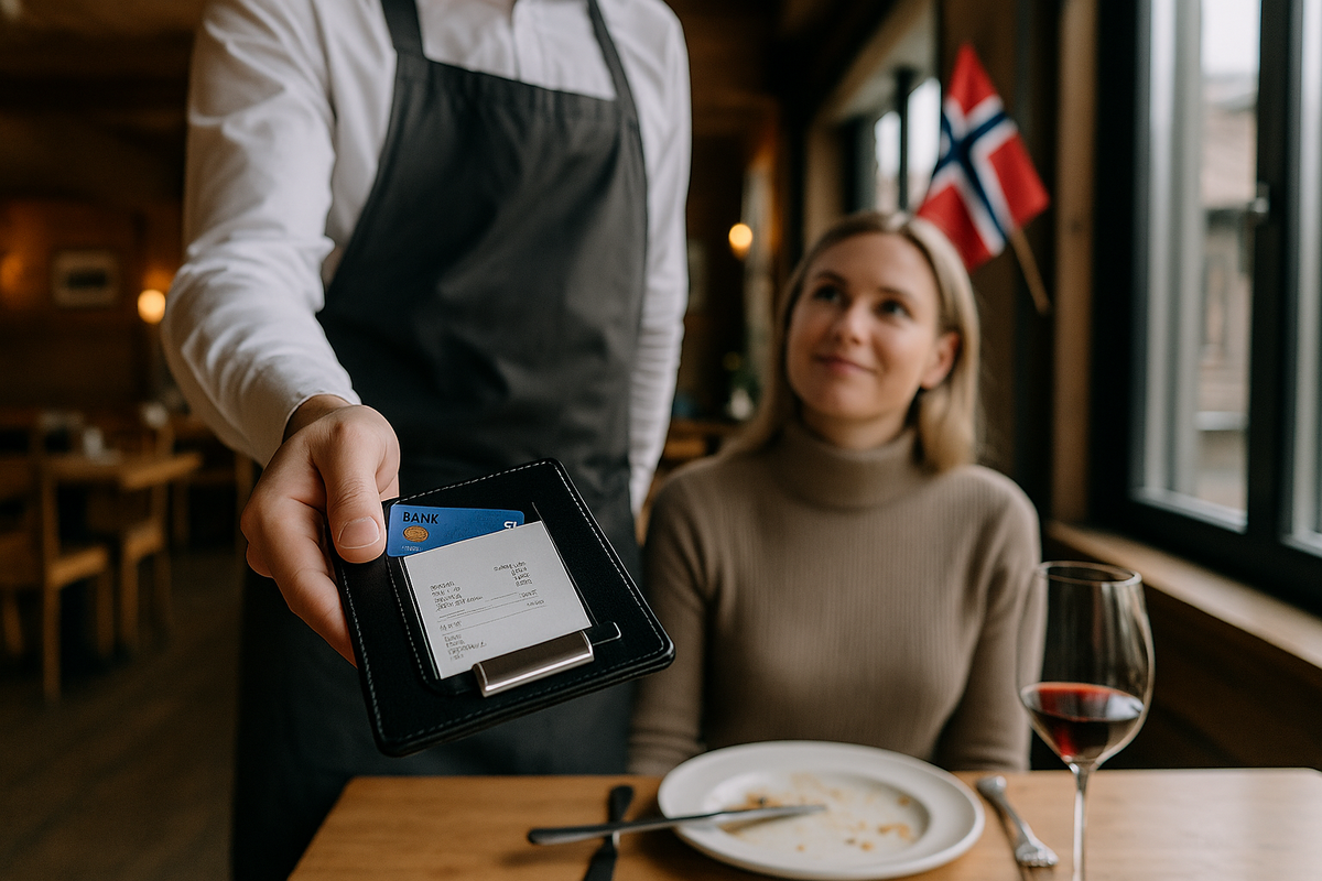 A waiter in a Norwegian restaurant presents the bill in a folder, while a woman with a glass of red wine sits at the table.