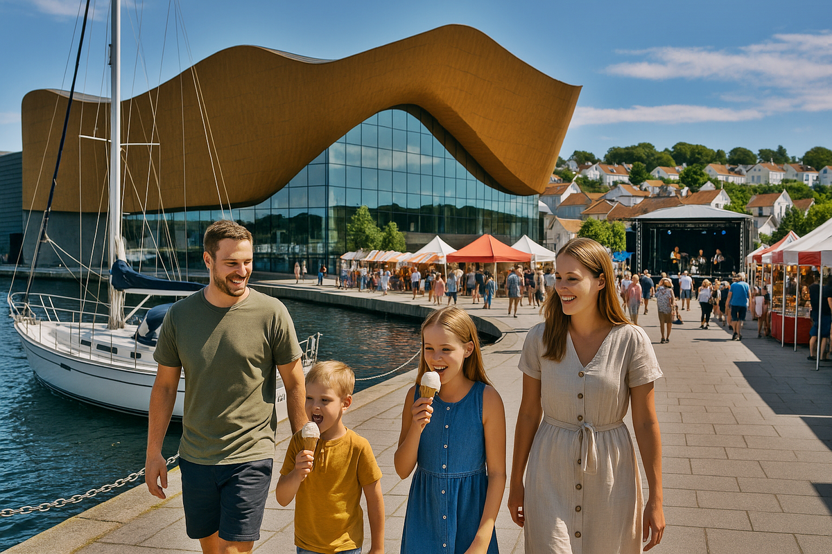 A family walks along the waterfront enjoying ice cream and the fair atmosphere.