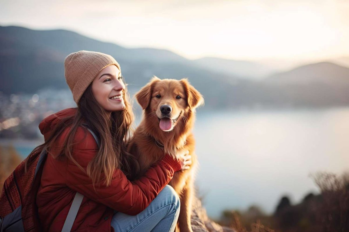 A woman in hiking clothes hugs her dog against a mountain landscape.
