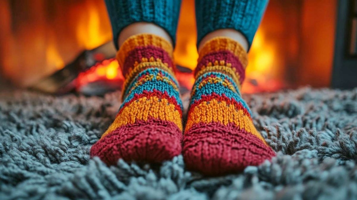 Feet in colorful knitted socks on a carpet near the fireplace.