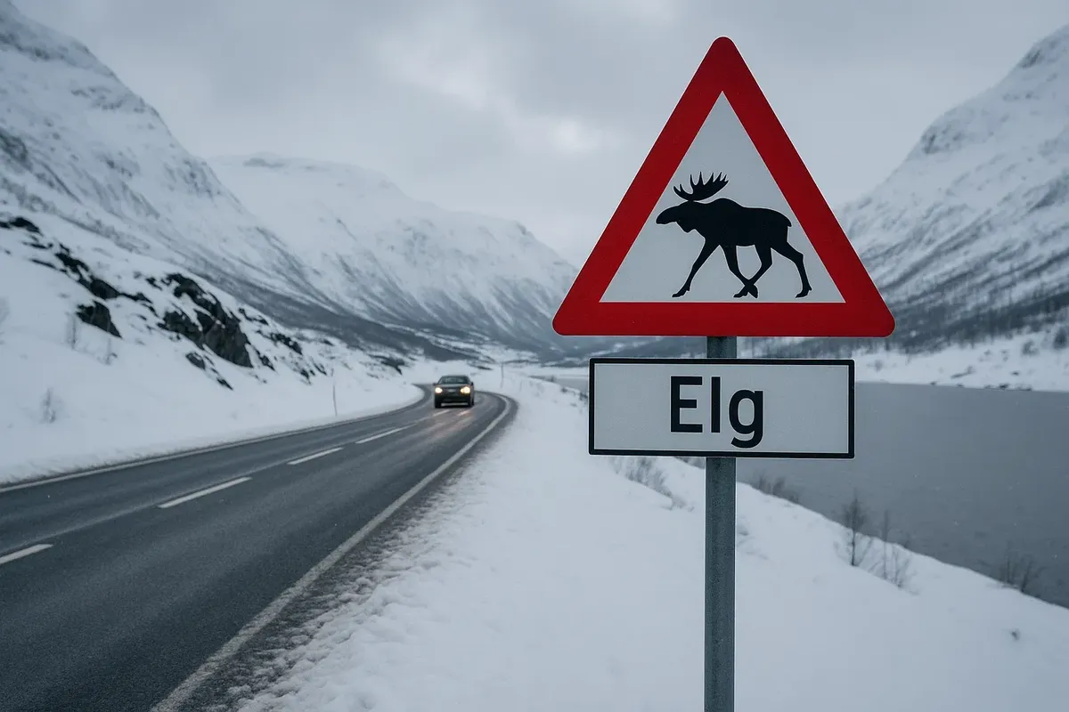 Moose crossing warning sign in Norwegian winter road conditions