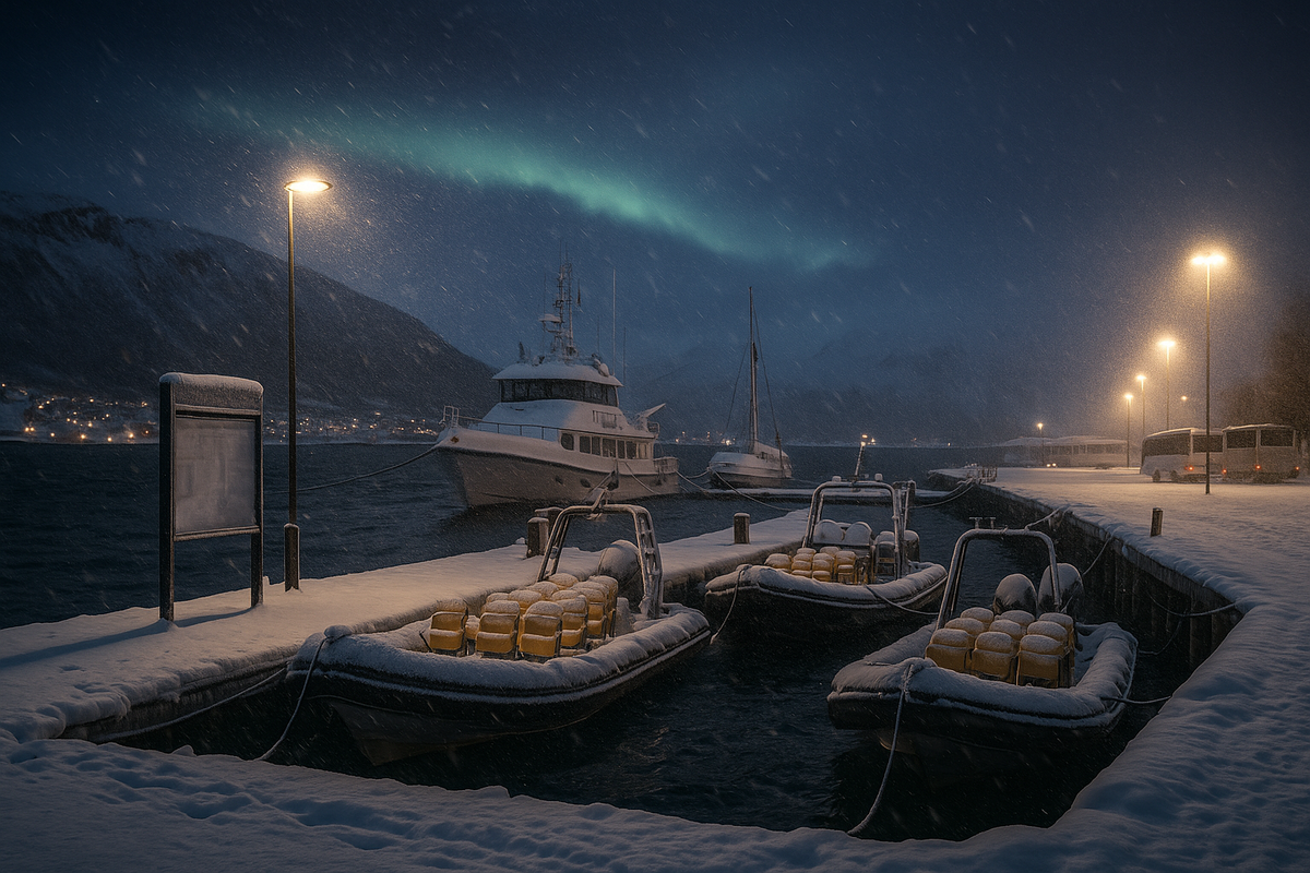 A blizzard over the fjord with tour boats moored — a clear case for cancellations and a prompt to request a refund or rebook.