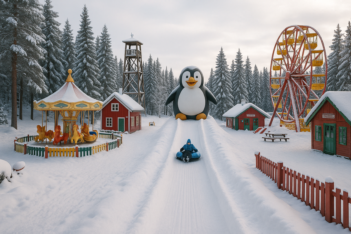 Lilleputthammer winter park with rides, sledding, and tubing hills surrounded by snow-covered pines.