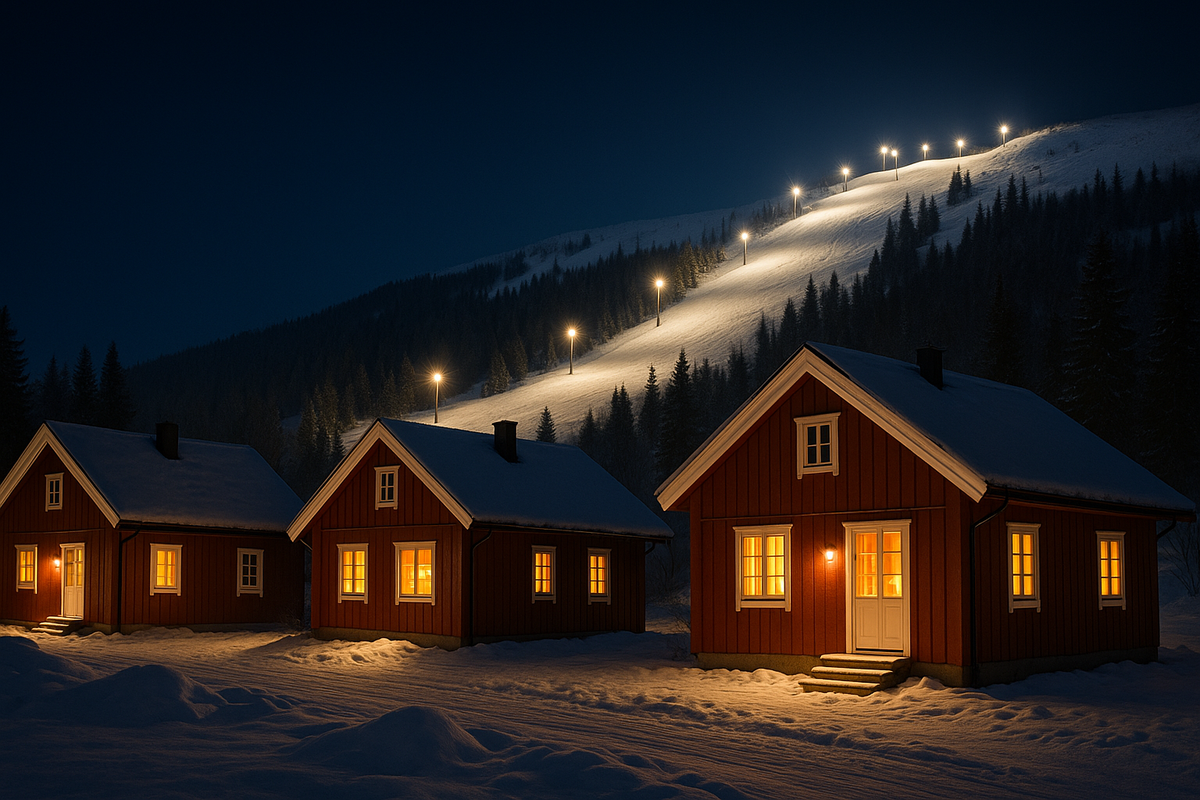 A nighttime ski slope in Norway with illuminated trails and skiers enjoying a cold winter evening.