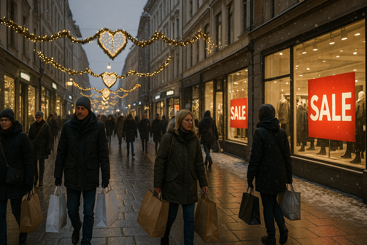 Winter sale in Oslo: a street with Christmas lights and shop windows with SALE signs.