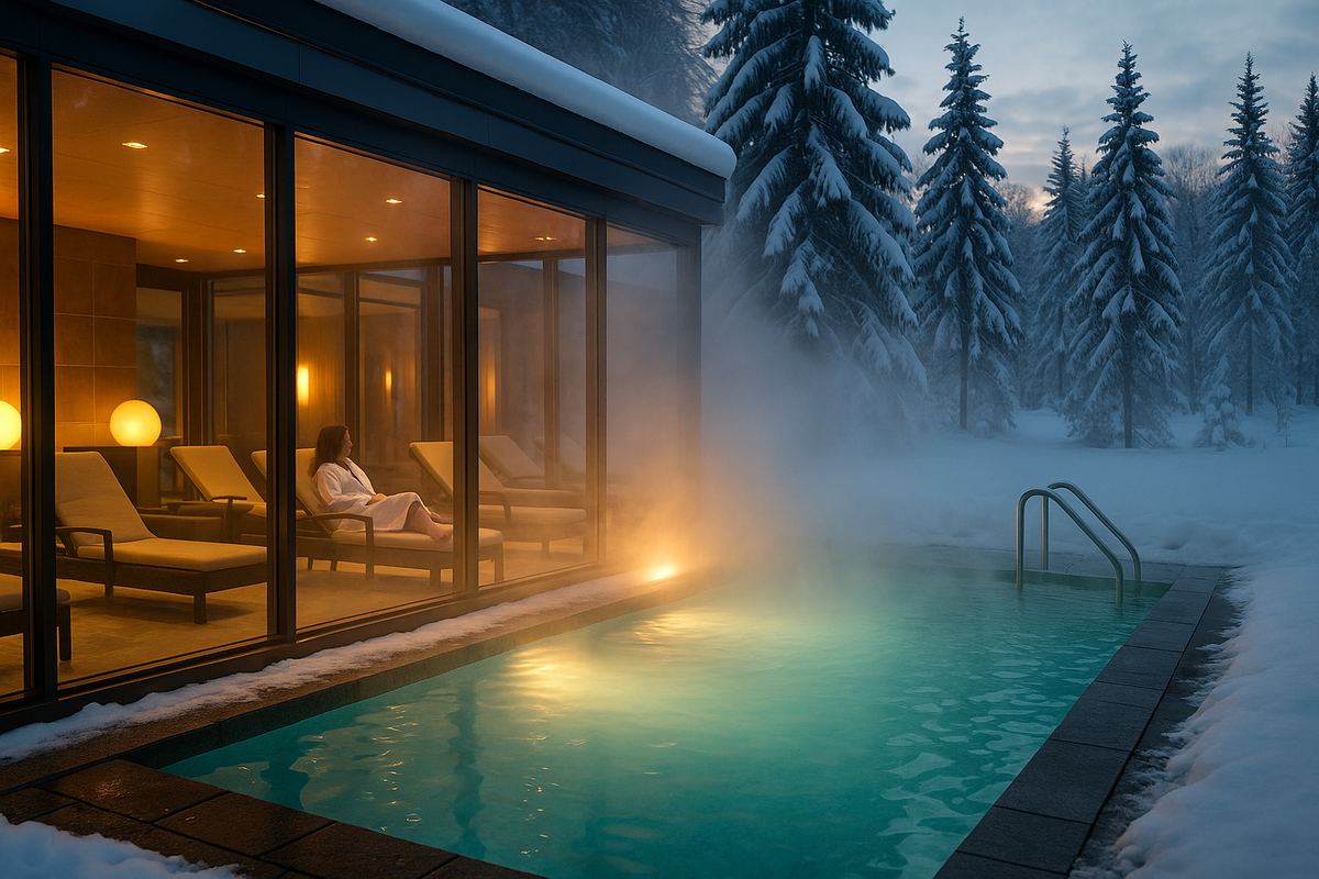 Winter spa retreat with a heated pool set against a snowy forest backdrop in Norway.