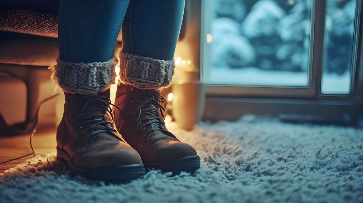 Person in winter boots sitting in a warm room by the window.