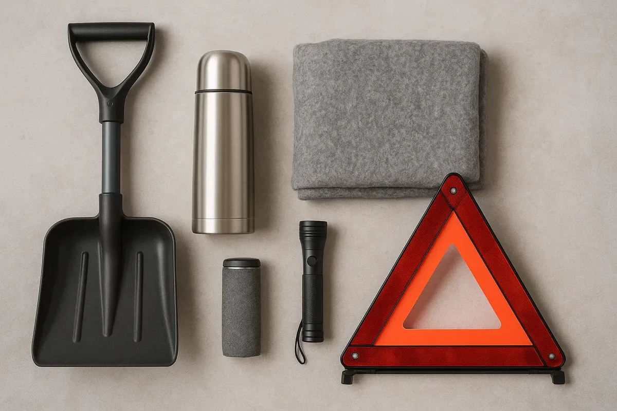Аварийный зимний набор: лопата, термос, плед, фонарик и знак-треугольник на снегу