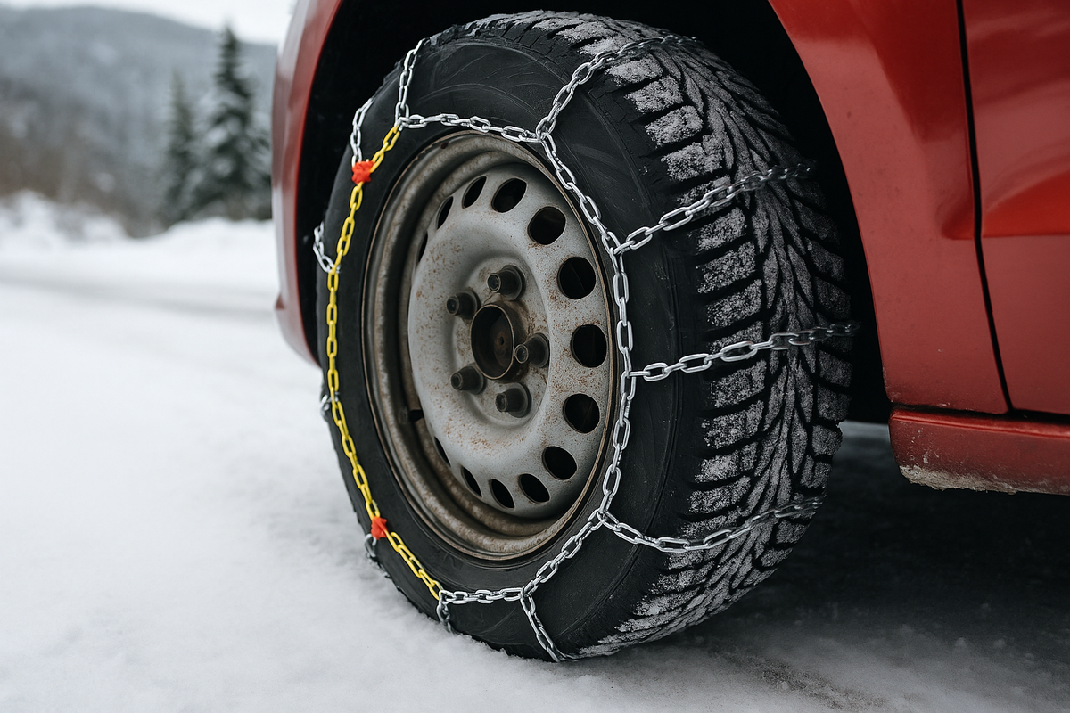 The image shows a winter tire equipped with snow chains on a snowy mountain road — a vital safety element for driving in Norway during winter.