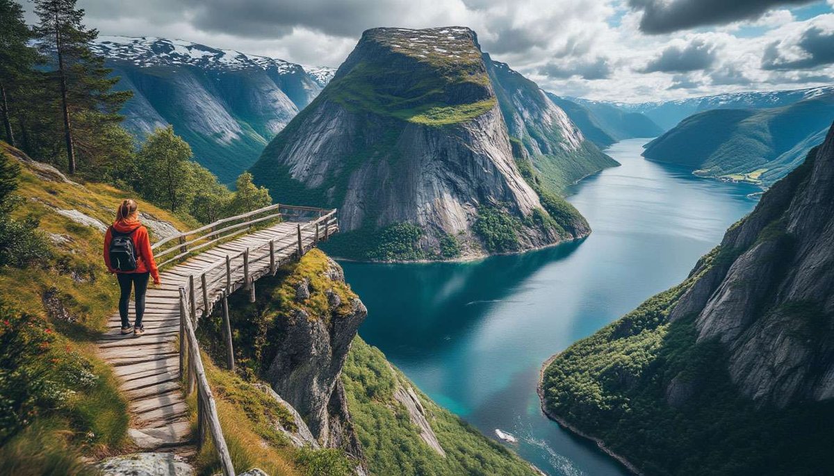 A woman hiking on a wooden path above a scenic Norwegian fjord and mountains, carrying a backpack.
