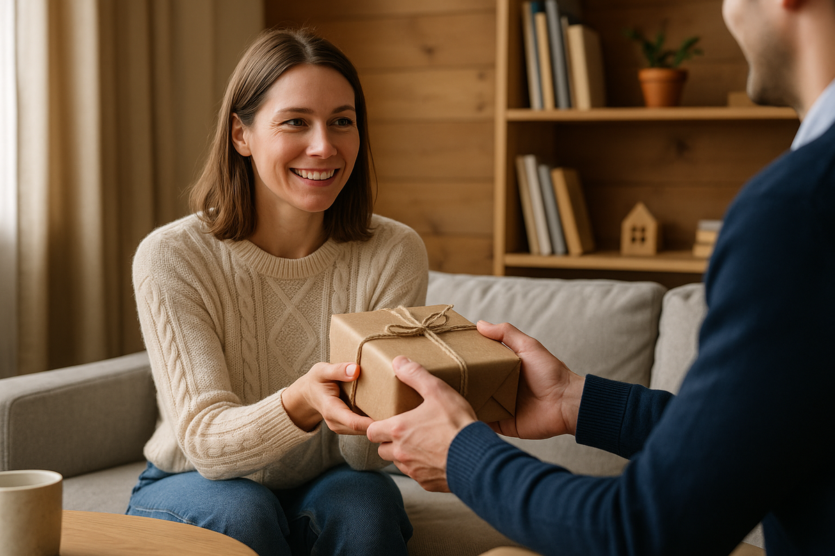 A woman in a cream sweater receives a neatly wrapped gift in a cozy living room.