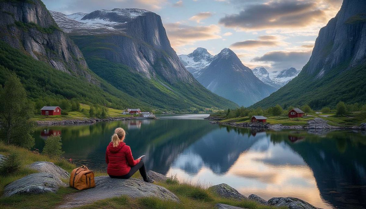 A woman in a red jacket relaxing by a calm fjord, surrounded by mountains and red cottages.