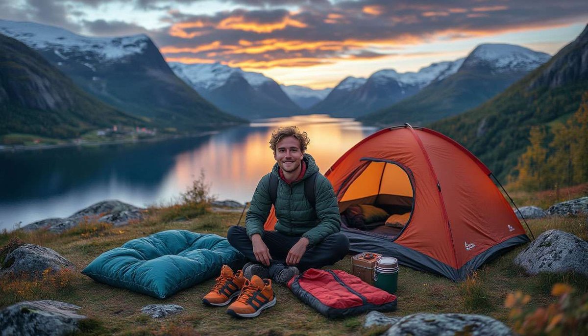 A man sitting by a tent in the Norwegian mountains at dusk, surrounded by camping gear.