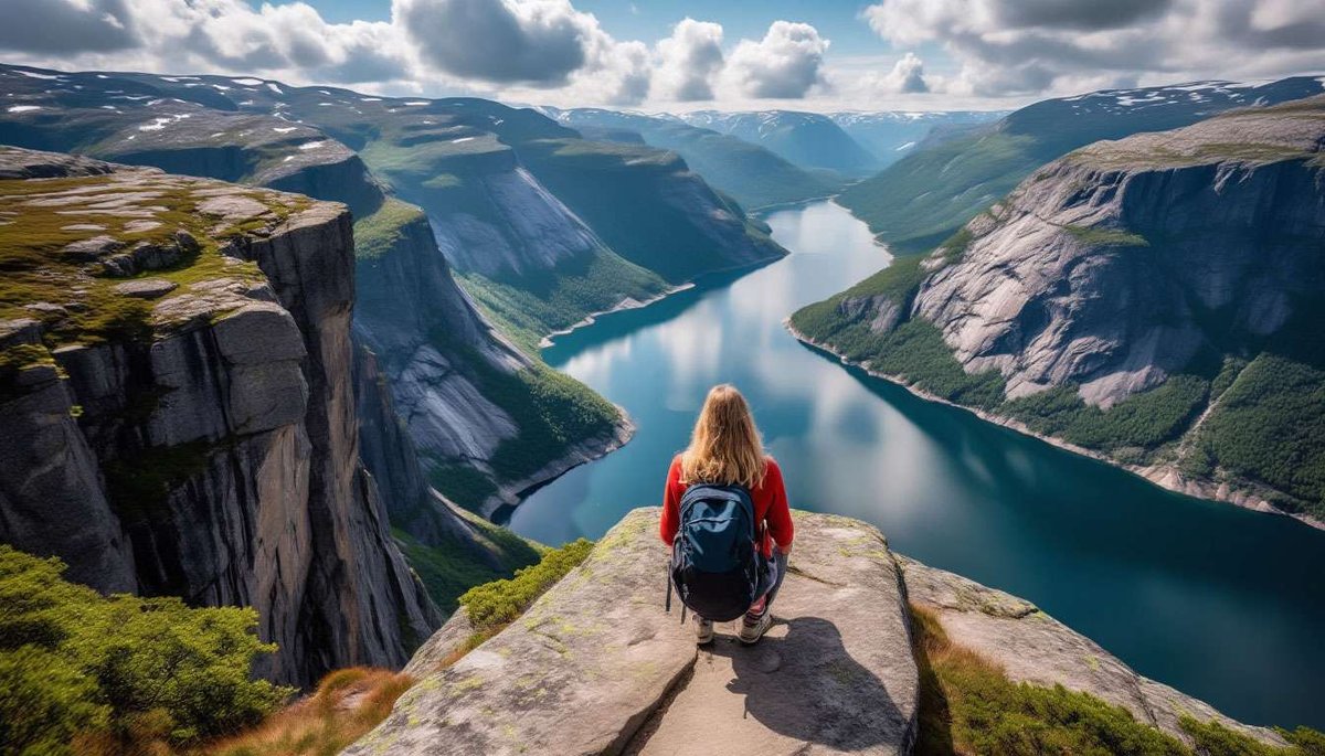 Woman with a backpack sitting on a cliff, overlooking a scenic Norwegian fjord with towering cliffs.