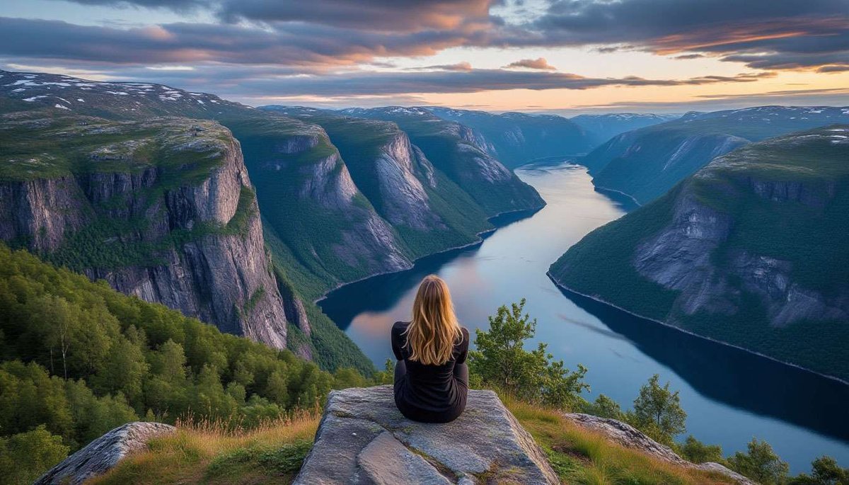 A woman sitting on a rock, admiring the view of a narrow Norwegian fjord with tall cliffs and sunset sky.
