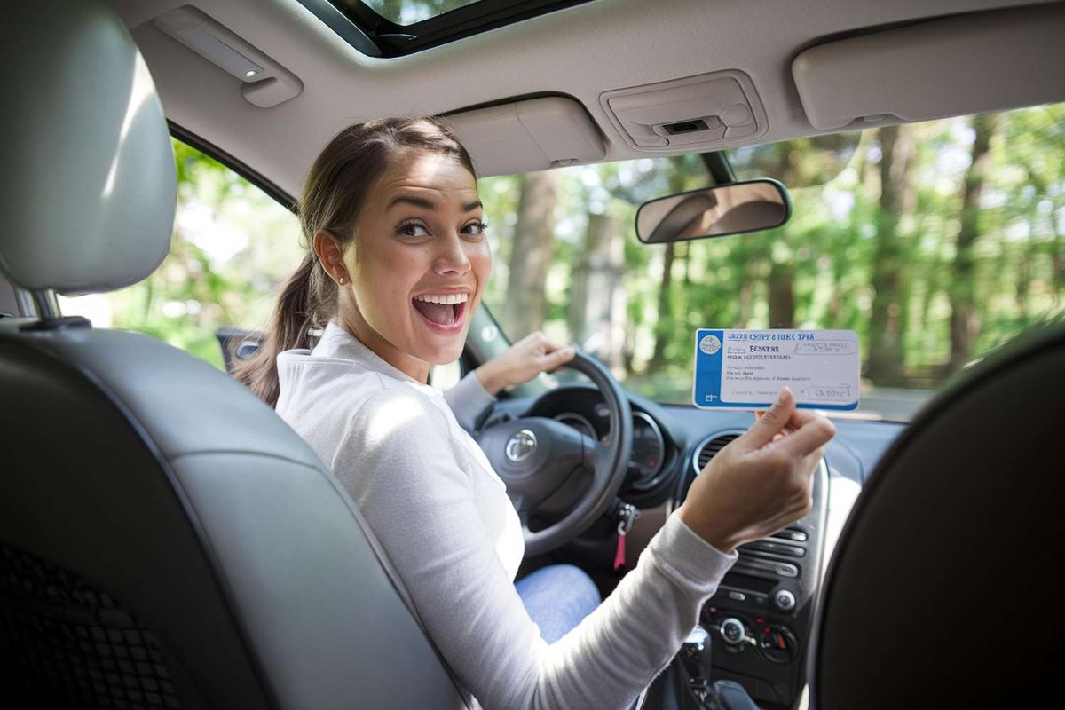 A woman in the driver’s seat holds up her driver’s license.