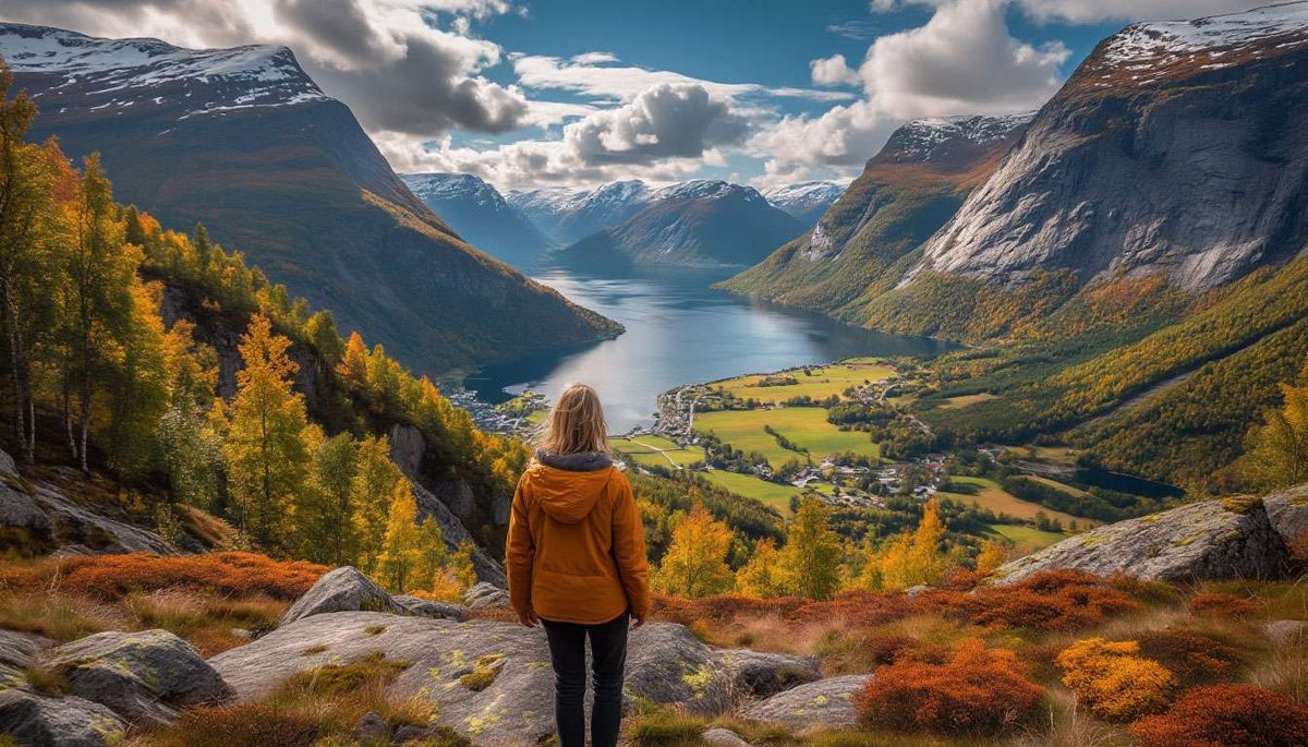 A woman in an orange jacket stands on a cliff top admiring an autumn fjord and mountain view.