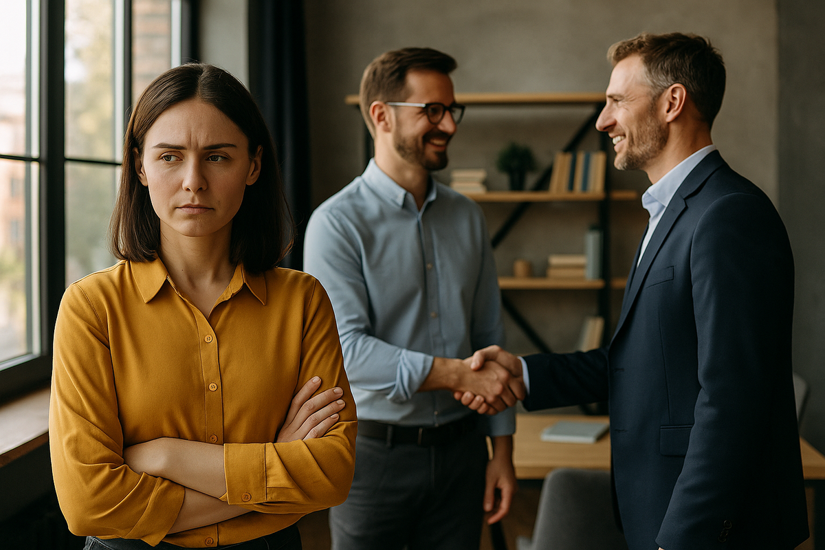 A woman in a mustard yellow blouse watches two men shake hands in an office, her expression showing disapproval.