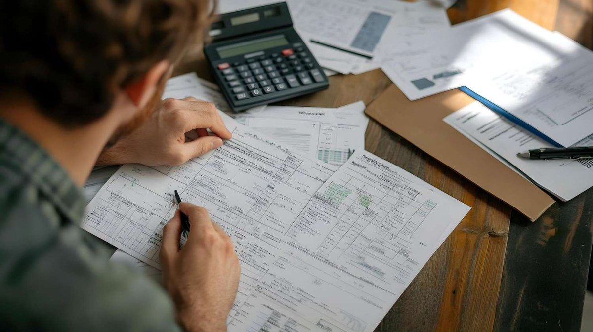 A man reviews and fills out financial documents at a desk.