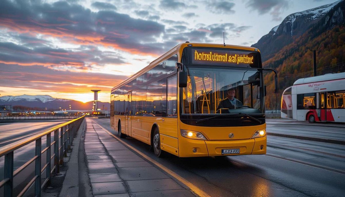Yellow city bus at a stop in Norway with sunset sky and mountains in the background.