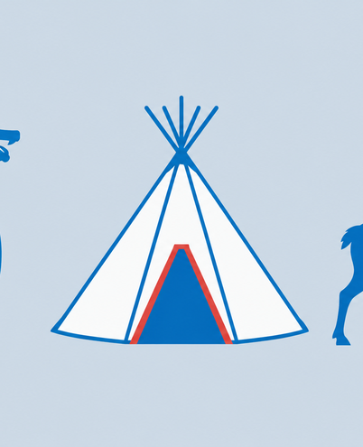 a Viking ship prow, a Sami lavvu tent and a reindeer in a simple row