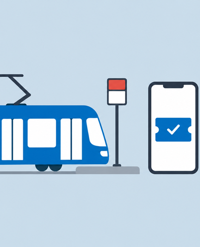a blue tram at a stop with a ticket app on a phone and a simple parking sign