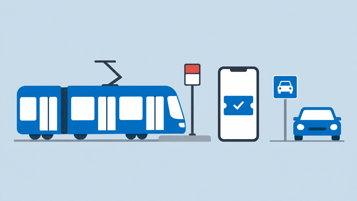 a blue tram at a stop with a ticket app on a phone and a simple parking sign