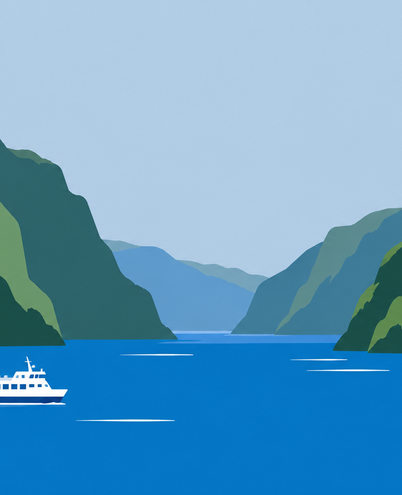 a deep blue fjord between steep green cliffs with a small white ferry and a waterfall