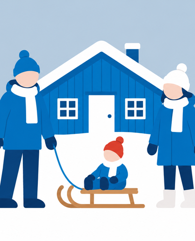 a family of simple figures with a child on a sledge in front of a wooden cabin