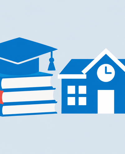 a graduation cap on a stack of books next to a small school building
