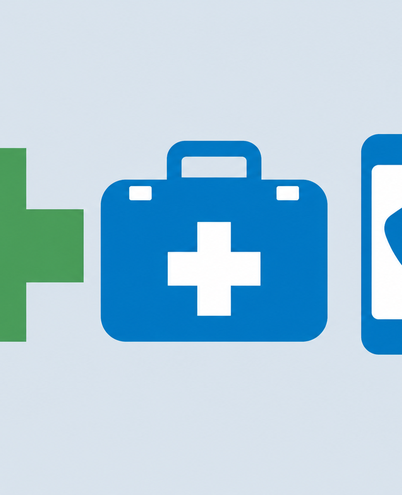 a green pharmacy cross, a first-aid kit and a phone showing an emergency call icon