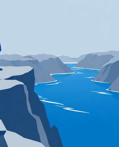 a hiker silhouette on a cliff edge above a fjord with a red DNT-style trail marker on a rock