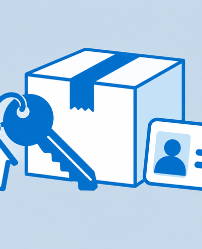 a moving box with a house key and a residence card shaped like a simple ID