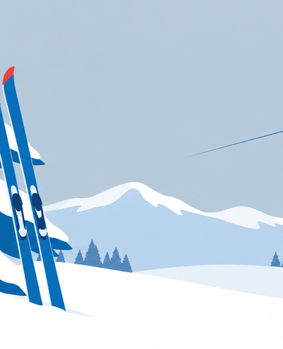 a pair of cross-country skis leaning against a snow-covered pine, a ski lift chair in the distance