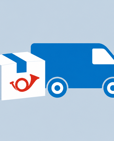 a parcel box with a small red postal horn symbol and a delivery van