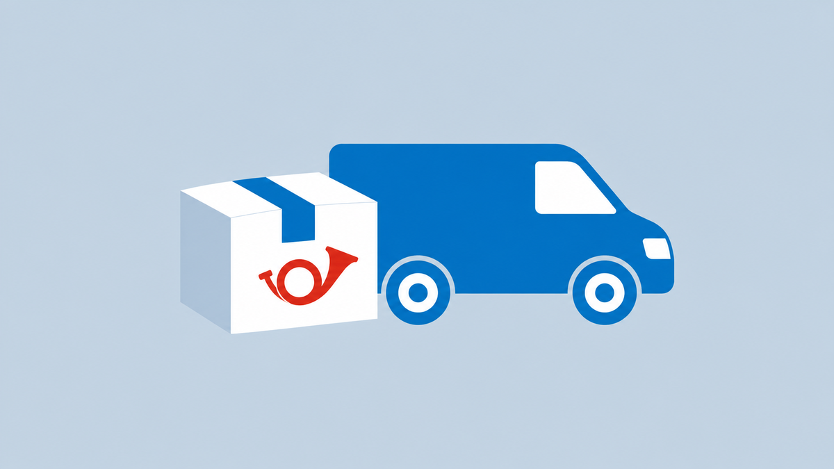 a parcel box with a small red postal horn symbol and a delivery van