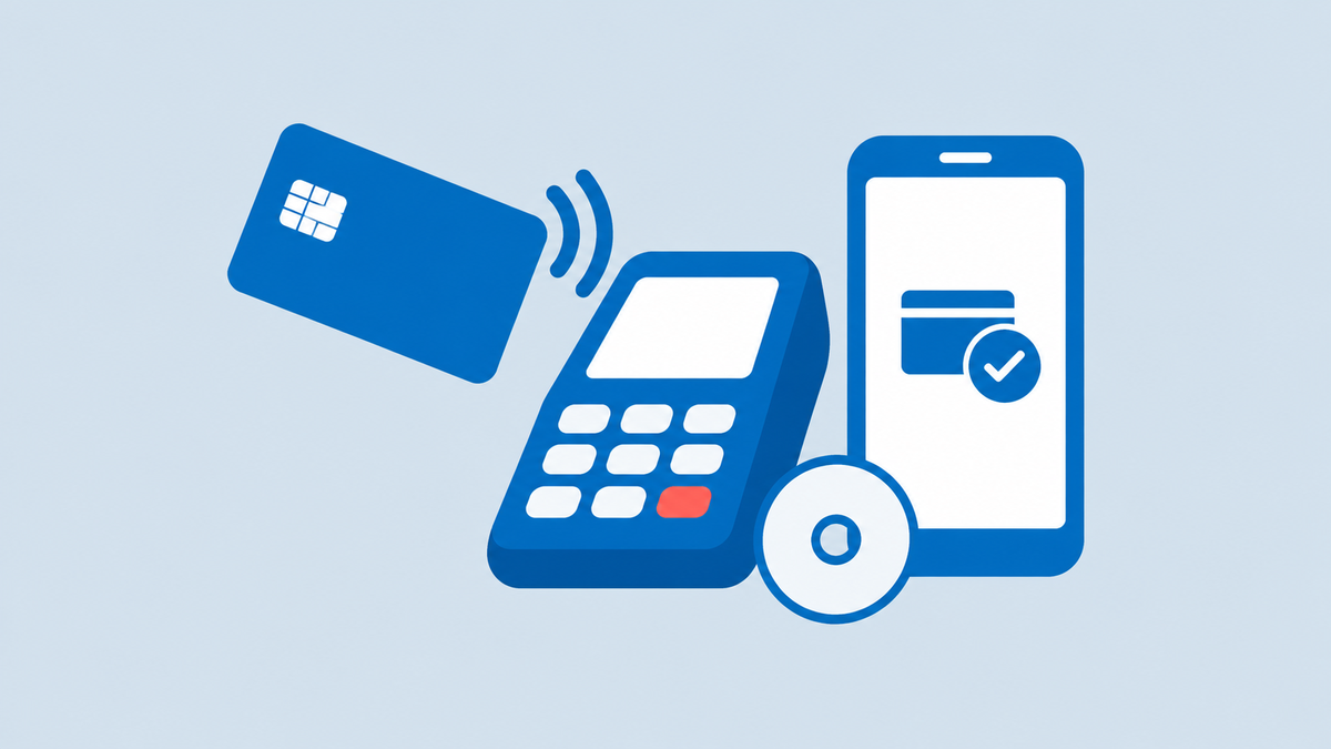 a payment card tapping a terminal, a phone with a simple payment icon and one krone coin
